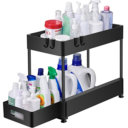 Under Sink Organizers and Storage, Vutlue 2 Tier Stackable Under Sink Cabinet Organizer with Sliding Storage Drawer and 4 Hooks, Multi-Purpose Pull Out Under Sink Organizers for Bathroom, Kitchen
