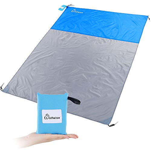 WolfWise 210×160 cm Pocket Blanket, Outdoor Camping Picnic Beach Mat Made with Soft Lightweight Quick-Dry Polyester, Sand Proof with 4 Stakes, Gray