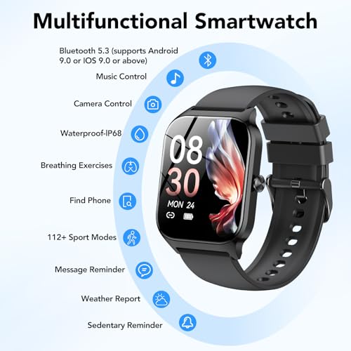 CASCHO Smart Watch Men Women, 1.85 Inch HD Smartwatch with Calls and Al, Whatsapp Notifications, Smart Watch with Pedometer/Heart Rate Monitor/SpO2/Sleep Monitor, 115+ Sports Modes, IP68 Black
