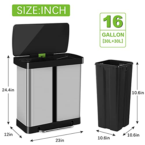 Dual Trash Can, 16 Gallon/ 60L Stainless Steel Trash and Recycling