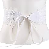 Women's Faux Leather Bow Tie Wrap Around Obi Cinch Waist Band Boho Lace Dress Belt (White)