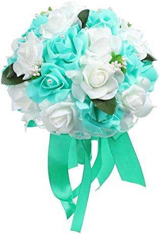 Fivejorya Wedding Bridal Bouquet White & Teal Blue Roses With Leaves Ribbon Rhinestone Decor Wedding Bridesmaid Bouquet, Wedding Artificial Fake Flowers Hand Bouquet