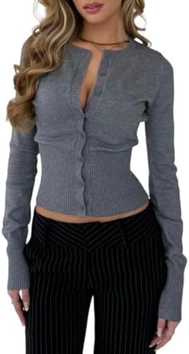 KIGRAD Womens Open Front Button Up Cropped Cardigan Ribbed Knit