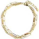 14K Gold Plated Cuban Link Bracelet, Dainty Paperclip Chain Design, Adjustable Stackable Fashion Jewelry for Women