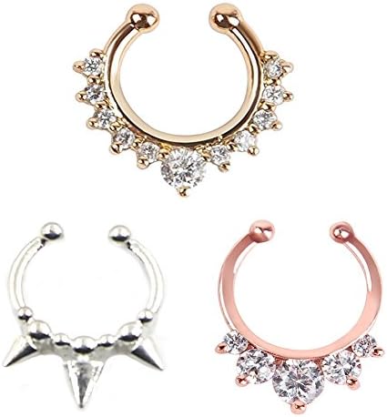 Fake nose ring,3Pcs Fake septum jewelry Nose Ring Hanger Clip On Clicker Crystal Piercing Non Piercing