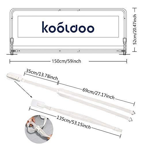 KOOLDOO 59" Fold Down Toddlers Safety Bed Rail Children Bed Guard with NBR Foam Include 1Pc Seat Belt (White)