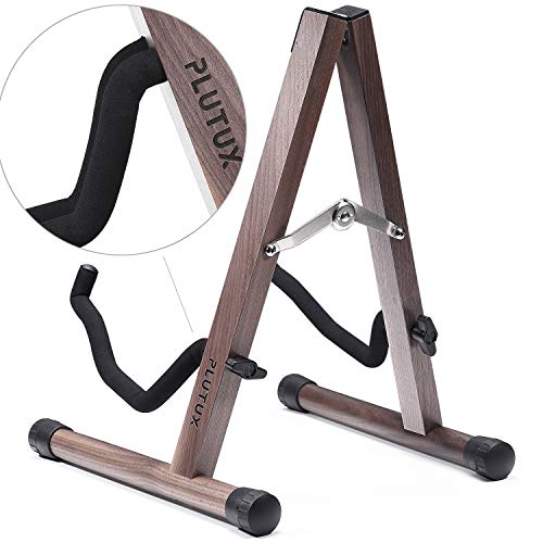 PlutuX Wood Guitar Stand for Acoustic, Electric, Classical, Bass Guitar Portable Guitar Stand Holder Music Instrument Stand Floor Nature Black Walnut - Thumbnail 3