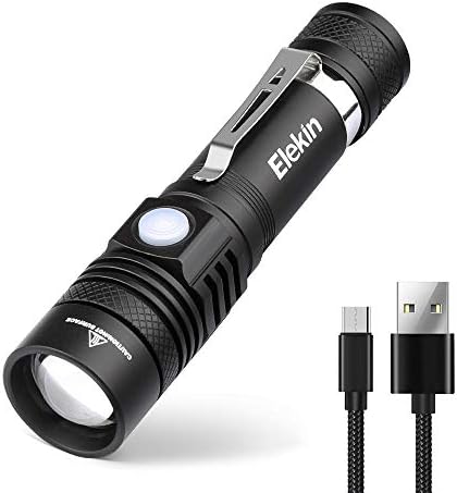 USB Rechargeable Flashlight (Include 18650 Battery), Elekin LED Zoomable Torch, Super Bright Flash Light XML2, Tactical Flashlight 4 Modes High/Low/Strobe/SOS for Indoors Outdoors