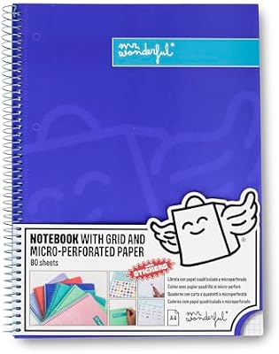 - A4 Blue Notebook - Grelha e Folhas Microperfuradas - 80 páginas - Capa Extra Dura - Moldura em Espiral - Inclui autocolantes