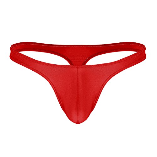 iiniim Men's Sexy Thong Underwear Low Rise Bikini T-Back G-String Ice Silk Briefs Red Medium (Waist 24.0-34.0