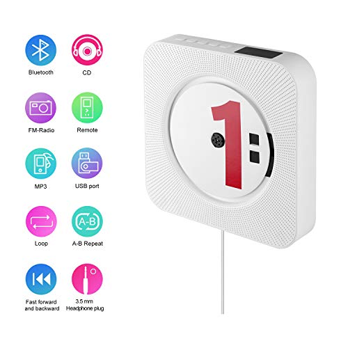 HENGTPUR CD Player Vertical Loading Wall Mountable Bluetooth with Remote Control Built-in HiFi Speakers USB MP3 3.5mm Headphone Jack AUX input/output, White （with stent）