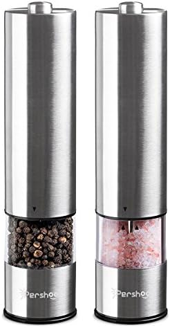 Pershoo Electric Salt and Pepper Grinder Set - Battery Operated Premium Stainless Steel Mills with LED Light (Set of 2) - Electronic Adjustable Shakers - Automatic One Handed Operation-Pepper&Sea Salt