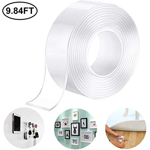 TYLife Traceless Washable Adhesive Transparent Tape,9.84FT Removable Reusable Double Sided Clear Silicone Tape for Paste Photos Posters,Glass, Metal, Kitchen Cabinets or Office Wall Decor