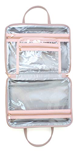 Leather Toiletry Travel Bag for Women - Large Cosmetic Size with 4 Pockets - Rose Gold Hardware and Satin Interior - Dusty Pink