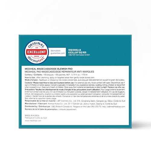 MEDIHEAL Madecassoside Blemish Toner Pads for Face – Korean Skin Care, 98% Pure Madecassoside with Centella Asiatica Complex, Blemish Marks, Redness & Dark Spot Care, Gauze Fabric, 100 Pads