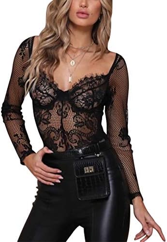 gagaopt Women Sexy Teddy Lingerie V Neck Mesh Babydoll Lace Bodysuit Long Sleeve