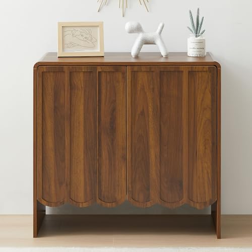Sideboard Buffet Cabinet Set of 2, Accent Storage Cabinet with 2 Doors, Farmhouse Wood Cabinet with Adjustable Shelves and Wave Panel for Living Room, Dining Room, Entry - Walnut