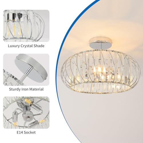 ANWIO Crystal Ceiling Lamp, Living Room Glass Ceiling Lamp with 3 E14 Base, Modern Silver Pendant Lamp, Crystal Ceiling Lamp with Bedroom, Kitchen, Dining Room (40 cm, Without Bulb)