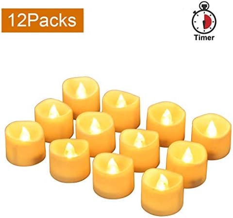 LED Wavy Top Tea Light Flameless Realistic and Bright Candle Light Timer Flickering 12 Pack Batteries Included, Electric Fake Candles, for Home Festival Event Wedding Decorations - Warm Yellow