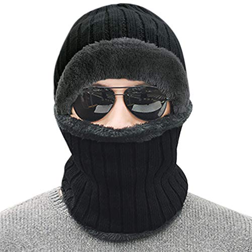 2-Pieces Winter Men Beanie Hat Scarf Set Thick Fleece Lined Knit