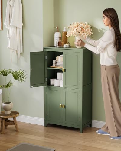 VASAGLE Armário para Banheiro, Armário de Cozinha Independente, com 4 Portas, Prateleiras Ajustáveis, 30 x 60 x 110 cm, Verde Floresta BRBBC552C01V1
