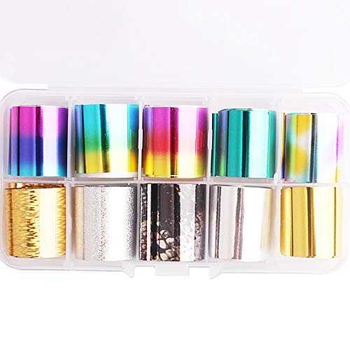 WOKOTO 10 Rolls Glitter Nail Art Foil Transfer Decals Starry Sky Colorful Gradient Adhesive Nail Wraps Stickers Manicure Decorations Kit (0.98inchs39.4inchs)