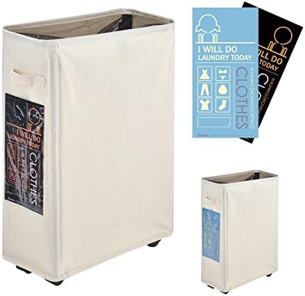 Caroeas 22" Slim Rolling Laundry Basket with Card Waterproof Laundry Storage Hamper Corner Fittable Storage Bag Collapsible Rolling Hamper Flexible Laundry Bag On Wheel For Home,Office (White4)