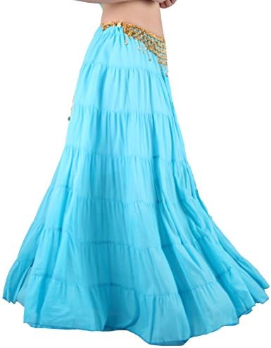 Seawhisper Belly Dance 8 Yard Bohemia Skirt, Swing Skirt, Tiered Maxi Tribal Gypsy Skirt Flared Long Retro Vintage Beach Summer Cotton Dress Costume with Gold Coins Belt Waist Chain (Lake Blue)