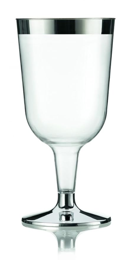 Sovie Servingware | Weinglas 13,6cm Transparent mit Silberrand aus Plastik (PS) | Einweg Glas edel Longdrink | 12 Stück