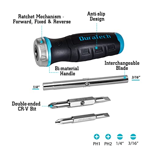 DURATECH Ratcheting Screwdriver, 6-in-1 Multi-Bit Screw Driver with Phillips, Slotted Bits and Nut Driver
