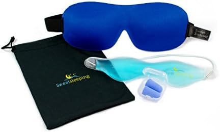 Sweetsleeping Contoured Blue Silk Sleep Mask &amp; Ear Plugs - For Insomnia, Shift Work, Daylight Sleeping, Travel, Meditation -Sleep Mask Silk Pouch, Ear Plug Case, Gel Eye Mask and PVC Carry Case.
