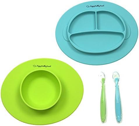 Silicone Bowl and Silicone Plate Easily Wipe Clean - Self Feeding Set Reduces Spills - Spend Less Time Cleaning After Meals with a Baby or Toddler - Set Includes 2 Colors (Lime Green/Turquoise)