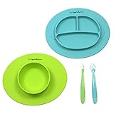 Silicone Bowl and Silicone Plate Easily Wipe Clean! Self Feeding Set Reduces Spills! Spend Less Time Cleaning After Meals with a Baby or Toddler! Set Includes 2 Colors (Lime Green/Turquoise)