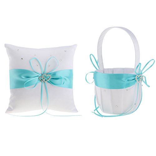 Homyl 1 Set Rhinestone Double Heart Flower Girl Basket and Ring Cushion Set White