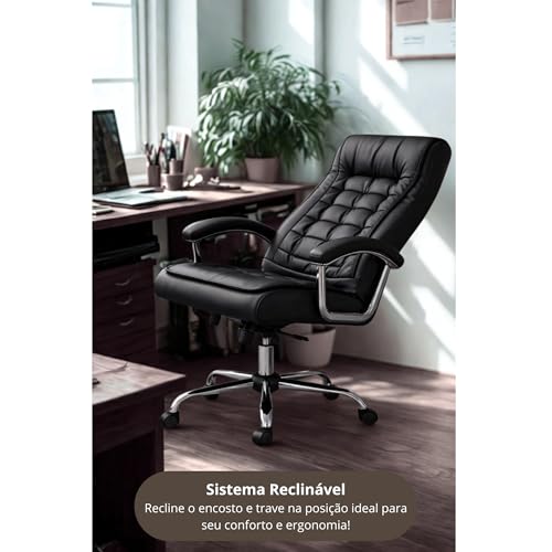 Cadeira de Escritório Ergonômica Presidente (Preta) - PREMIUM COMFORT: reclinável, altura ajustável, giratória, de couro sintético com molas ensacadas.