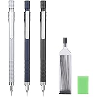 Angrox Mechanical Pencils, Self Sharpening Automatic Drawing Drafting Mechanical Pencil Lead 0.7mm Leads Refill Silver Chrome Black Blue Portable Plastic Barrel Pack of 3