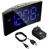 PICTEK Digital Alarm Clock, 5'' Dimmable Curved LED Screen Time Clock for Kids Bedrooms Desk Living Room, Big Digit Display, Snooze, 12/24 Hour, Battery Backup, USB Charger, Power Adapter, Blue