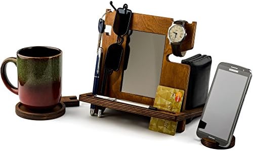Wooden Docking Station, Desk organizer For Smartphone, Tablet, Watch, Wallet, Shades, Keys Coins, Handmade Men's Christmas Gift, for Him, for Husband, Dad Gifts, with Built-in Mirror, with Card Holder