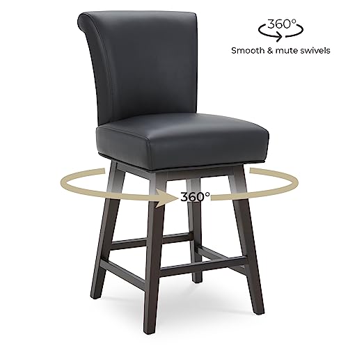 CHITA 26 Inch Counter Height Swivel Bar Stools Set of 2, FSC Certified Modern Upholstered Faux Leather Swivel Barstool Chair with Back, Black