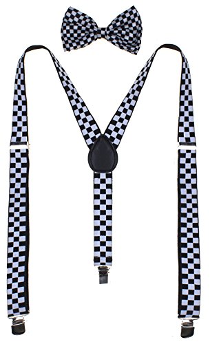 Classic Unisex Bow Tie and Suspender Set ( Checker Black White )