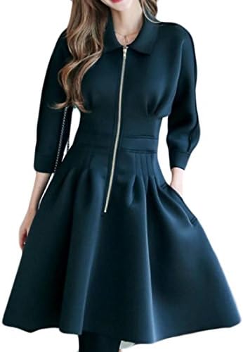 Nicelly Women's Lapel Pleated Solid-Colored Tunic Zipper A - Line Dress Black XS