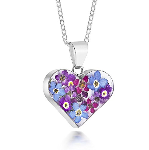 Sterling Silver Medium Heart Pendant Made With Real Flowers Purple Mix