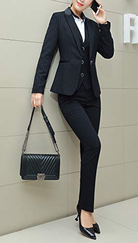 Women's Three Pieces Office Lady Stripe Blazer Business Suit Set Women Suits Work Skirt/Pant,Vest Jacket (BlackKZ-9006, M)