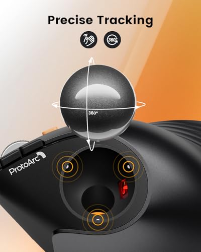 ProtoArc EM05 NL Wireless Vertical Bluetooth Trackball Mouse 62° | Ergonomic, Thumb Control, Rechargeable, 3 Devices, 62°, 5 DPI for iPad/Mac/PC/Windows - Black