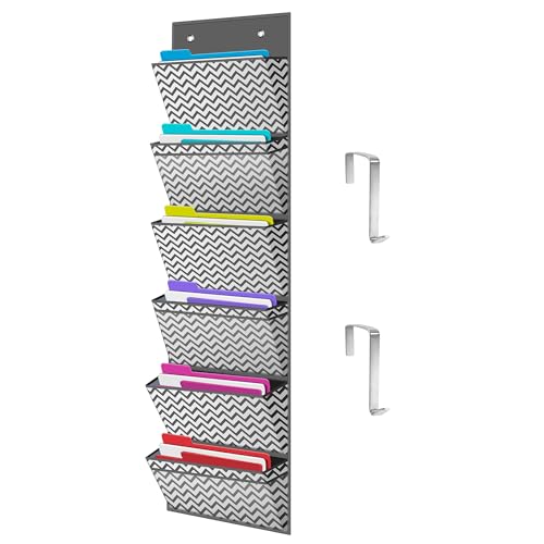 ZKOO Door Hanger Organizer, Hanging Mount File Folders Organizer, Grey Wave Pattern Wall File for School, Mail, Magazine, Dorm Room, Office, 6 Extra Large Pockets and 2 Hook