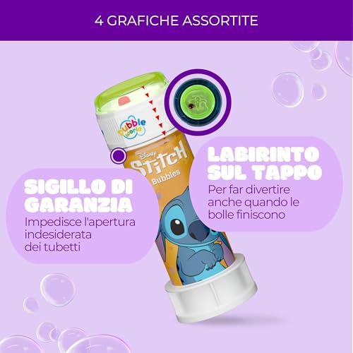 Bubble World Stitch Soap Bubbles for Children Ideal as a Gadget Birthday Children White Tubes with Integrated Red Blower Pack of 12 60 ml Made in Italy