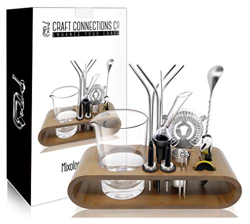Mixology Bartender Kit 25-Piece Set: Bamboo Base, Mixing Glass 24oz-700ml, Strainer, Bar Spoon & Muddler, Wine Aerator, Straws, Jigger, Liquor Pourers, Garnish Picks, Waiter Corkscrew & Drink Markers - Thumbnail 4