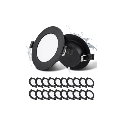 Grebeam Pack of 20 LED Recessed Spotlights for Plasterboard 5W, Ceiling Spotlights, Black, Natural White 4000K, Ultra Thin 25 mm, Recessed LED Spotlight IP44 for Bathroom Kitchen, Hole Ø75-90 mm, AC