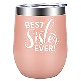 Best Sister Ever - LEADO 12 oz Stainless Steel Wine Tumbler with Lid and Straw, Insulated Stemless Novelty Sippy Cup, Perfect Sister Gift for Birthday, Christmas (Blush Gold)