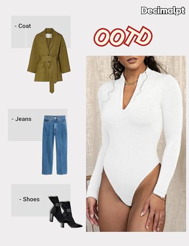 DECIMALPT WOMEN’S WHITE LONG SLEEVE BODYSUIT TOPS TURTLENECK/V NECK LEOTARDS FRONT ZIPPER BASIC STRETCHY BODY SUIT THONG CLUBWEAR